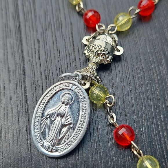 Elegant Silver Tone Red Yellow Beaded Necklace Rosary Jewelry Unisex Man Women - Picture 4 of 15
